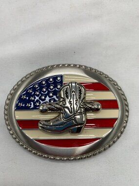 American Flag & Cowboy Boot Belt Buckle Oval Western